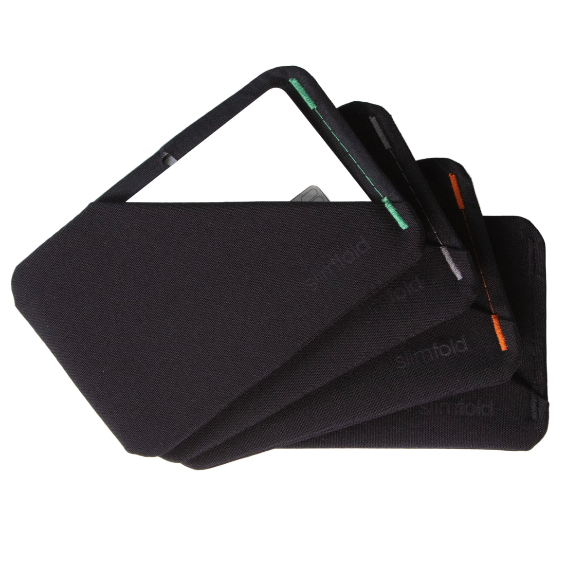 A stack of black Slimfold cardholder sleeves with a white tablet partially visible inside, set against a clean white background. all-groups