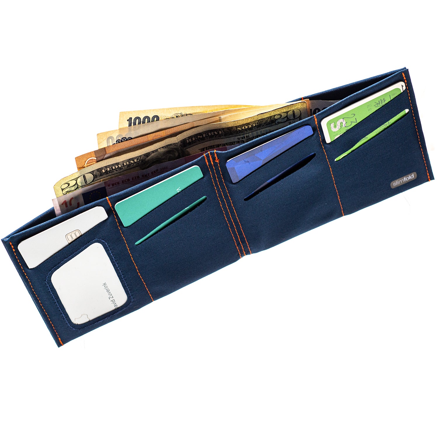 SlimFold Minimalist Original Soft Shell Wallet High Capacity Durable Thin Wallet.  3/4 View Navy